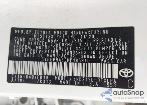 2021 Toyota Corolla Le из США, поврежденный, VIN 5YFEPMAE3MP185840